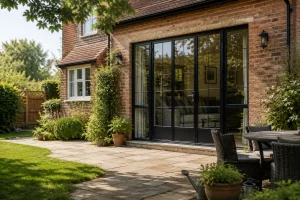 Crittall Patio Doors in a black steel frame installed in a traditional brick home, viewed from a landscaped British garden on a warm summer day