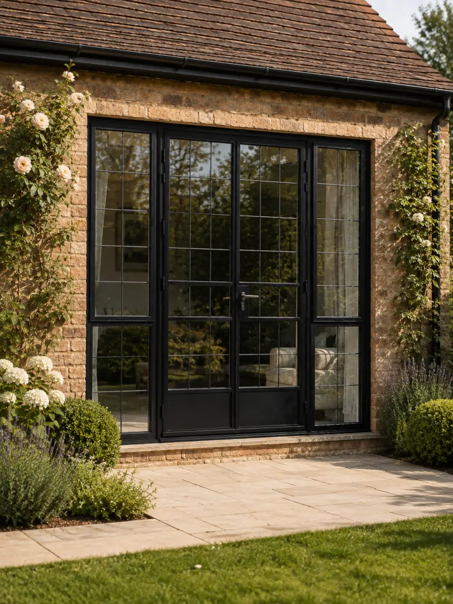 Crittall Patio Doors in a black steel frame set in a traditional brick home, viewed from a British garden on a warm summer day