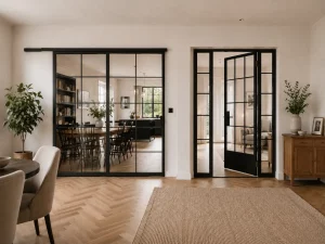 Crittall sliding doors beside a hinged internal steel door in a modern open-plan home.